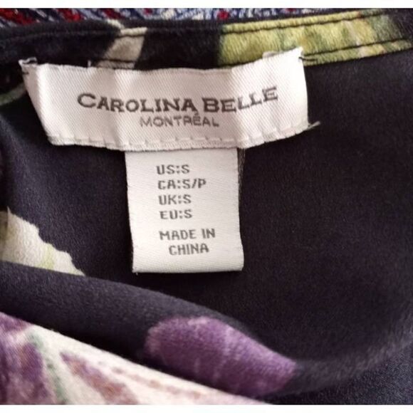 CAROLINA BELLE BLACK AND PURPLE IRIS PRINT BLOUSE SZ.S EUC. - Picture 4 of 5